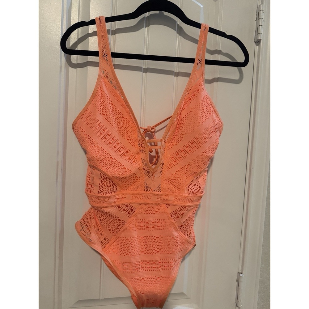 NWT Becca Plunge Crochet Swimsuit Cutout Design Size L Boho Festival Beach